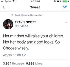 tweet about travis scott's twitter account for his body and good looks so choose wisely