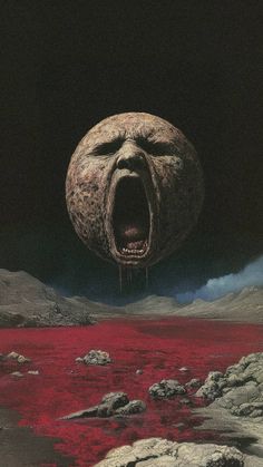 an image of a giant moon with its mouth open and blood flowing down the ground