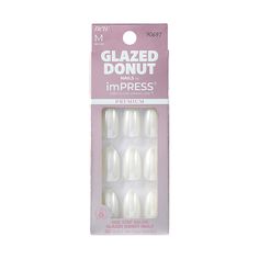 imPRESS is getting in on the obsession with all things glazed. Glazed donut nails are totally on trend, and these sweet beauties are shiny, delicate, and dare we say delicious! Now you can DIY your own glossy, icing-inspired mani in minutes! In the trendiest colors, finishes, and nail art designs, imPRESS are the nails social media influencers adore! PureFit Technology provides a seamless fit that looks and feels totally natural. Just press on & go! Glazed Donut Nails, Donut Nails, Kiss Products, Strawberry Glaze, Impress Nails, Glazed Donut, The Obsession, Medium Almond, Vanilla Glaze