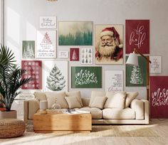 a living room filled with furniture and pictures on the wall