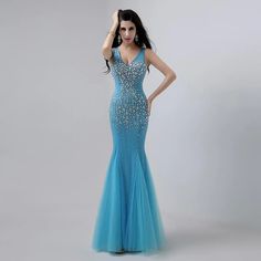 Rhinestone Mermaid Dress For Prom Season, Mermaid Dress With Rhinestones For Prom Season, Embellished V-neck Fitted Mermaid Dress, Embellished V-neck Mermaid Dress For Party, Fitted V-neck Evening Dress With Rhinestones, Embellished Mermaid Prom Dress, Rhinestone Mermaid Dress For Prom, Embellished V-neck Mermaid Wedding Dress, Glamorous V-neck Mermaid Prom Dress