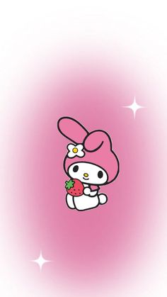 hello kitty holding a strawberry in her hand on a pink background with stars around it