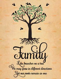 a family tree with birds flying around it and the words, like branches on a tree