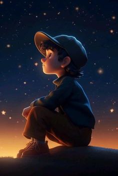 a little boy sitting on top of a hill looking up at the stars in the sky