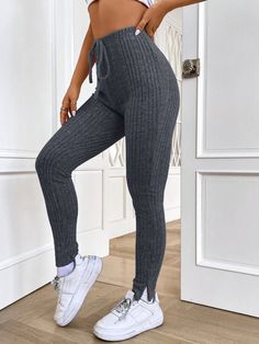 Solid Color Front Lace-Up High Waist Simple Casual Versatile Slit Leggings Dark Grey Casual   Rib knit Plain Regular High Stretch  Women Clothing, size features are:Bust: ,Length: ,Sleeve Length: Elastic Waist Leggings, Women Leggings, Legging Outfits, Maternity Leggings, Ribbed Leggings, Knit Leggings, Leggings Casual, Plus Size Leggings, High Rise Leggings