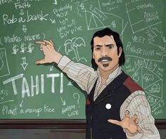 an animated man pointing at a chalkboard with writing on it and another person in the background