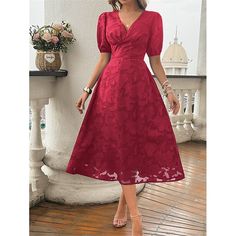 Season:Summer; Fabric:Polyester; Sleeve Length:Short Sleeve; Look After Me:Machine wash; Gender:Women's; Style:Streetwear,Elegant; Elasticity:Micro-elastic; Occasion:Cocktail Party,Date,Party,Wedding Guest; Fit Type:Regular Fit; Dresses Type:Lace Dress,Plain Dress,Swing Dress,A Line Dress; Design:Lace,Patchwork; Neckline:V Neck; Listing Date:07/30/2024; Bust:; Length:; Shoulder Width:; Sleeve:; Waist:; Fit US Size:; Fit UK Size:; Fit EU Size:; Dress Length Type:Midi Dress; Print Type:non-printin Red Summer Dress For Wedding Guest, Non-stretch Summer Wedding Dress, Summer Wedding Non-stretch Dress, Midi Dress Lace, Elegant Streetwear, Women Lace Dress, Plain Dress, Lace Patchwork, Dress Midi