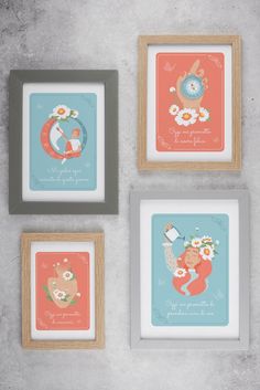 three framed pictures with animals and flowers on them, one is pink, the other blue