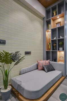 a living room with a couch and bookshelf next to a potted plant