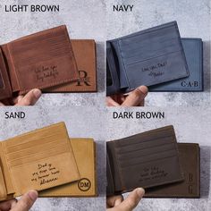 "This wallet can be personalized with the monogram of your choice, making a special gift that will be cherished for years to come.   You can engrave a custom message (15-20 words max) on the inside (if any) to have a perfect present for groomsmen, husbands, boyfriends or fathers.. P R O D U C T - D E S C R I P T I O N * Word limits: 15- 20 words * Materials: High quality genuine leather * Dimensions: 4 3/8\" x 3 1/2\" x 5/8\" (11x9x1.5 cm) * Features: - 1 money slot - 5 card slots - 2 hidden slo Personalized Bifold Wallet For Daily Use, Personalized Bifold Wallet For Father's Day, Personalized Brown Trifold Wallet For Father's Day, Bifold Wallet For Father's Day, Personalized Brown Wallets For Father's Day, Personalized Brown Rectangular Trifold Wallet, Personalized Black Wallets As Gifts, Customizable Brown Wallets For Personalized Gift, Personalized Brown Rectangular Wallet