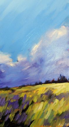 an oil painting of a field with blue sky in the background