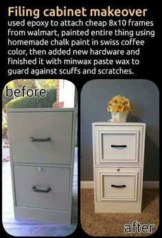 the before and after photos of an old filing cabinet makeover with chalk paint on it