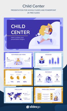 the child center presentation slideshow is shown in blue, yellow and purple colors with an image