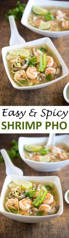 three bowls filled with shrimp pho soup on top of a wooden table