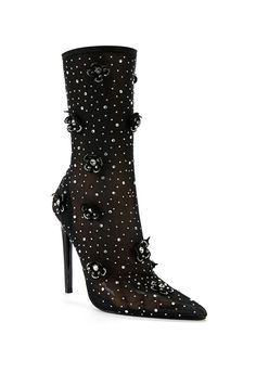 Slip into the SMARLOWE-BLACK STILETTO BOOTIE and transform from everyday to extraordinary. This luxury-inspired piece is designed with black mid-calf length stiletto heels and a pointed toe that provide a timeless finish. Its scattered crystal rhinestone embellishments and flower accents create an undeniable elegance, perfect for any special occasion. Shaft Height: 8.75" Heel Height: 4.75" Fancy Boots, Boots Winter Women, Platform Combat Boots, Azalea Wang, Sandal Platform, Black Stilettos, Rhinestone Embellishments, Stiletto Boots, Cute Boots