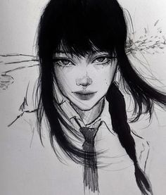 a black and white drawing of a girl with long hair wearing a shirt and tie