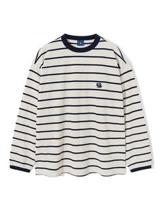 Editor's NotesCut from chain striped cotton terry that creates dimensional silhouette, this sweatshirt is simply detailed with new DML logo in chain embroidery. With classic navy and ivory color, it goes well with versatile styling.- Crew neck- Logo embroidery on the chest- Double stripe tapes at sleeves- Ribbed neck and cuffs- Straight hem- Semi-over fit- Minimize shrinkage and distortionMeasurements (in.)Size: M / L- Chest: 22.4 in. / 23.2 in.- Shoulder: 21.3 in. / 22.0 in.- Sleeve Length: 21. White Tops With Signature Stripes For Fall, Casual Sweatshirt With Signature Stripes And Crew Neck, Casual Long Sleeve Sweatshirt With Signature Stripes, Striped Crew Neck Sweatshirt With Ribbed Collar, White Cotton Sweatshirt With Contrast Stripes, Trendy Crew Neck T-shirt With Contrast Trim, White Cotton Sweater With Contrast Stripes, Urban Crew Neck T-shirt With Stripes, Korean Style Clothes