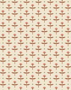 an abstract pattern with red flowers and leaves on a beige background, which is very similar to the same type of flower