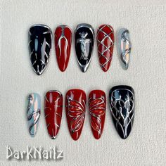 Red Black Pink Nails, Red Emo Nails, Short Black And Red Nails, Nail Ideas Goth, Red Grunge Nails, Black Press On Nails, Cross Nails