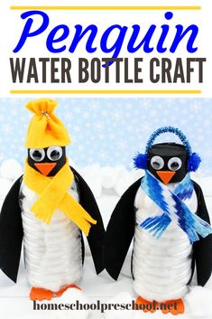 penguin water bottle craft with two penguins in the background and text overlay that says penguin water bottle craft