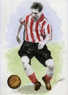 a painting of a soccer player about to kick the ball with his hands and face