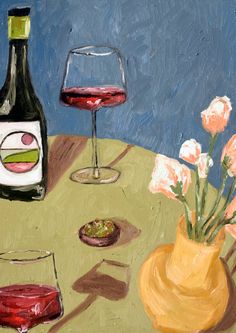 a painting of wine and flowers on a table with a bottle of wine in the background