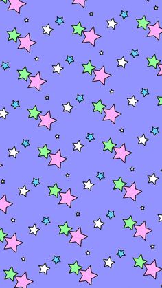 the stars are all different colors and sizes on this purple background with pink, green, and blue