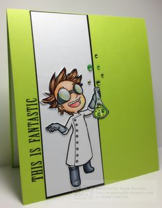 a handmade card with a cartoon character holding a beakle and flasks