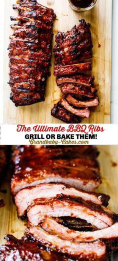 bbq ribs on a cutting board with barbecue sauce