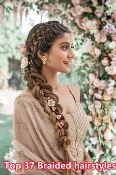 Explore the beauty of Indian braided hairstyles that blend tradition with modern flair. This enchanting double braid adorned with flowers is perfect for weddings, festivals, or casual outings. Detailed weaving techniques highlight the elegance of your hair, making it a mesmerizing choice for any occasion. Get inspired to embrace your roots and elevate your style with this stunning look! Braid Hairstyle Indian Wedding, Braids Indian Hairstyles, Indian Braided Hairstyles, Braid Flower, Reception Couple, South Indian Wedding Hairstyles, Indian Braids, Makeup Practice, Bridal Bun