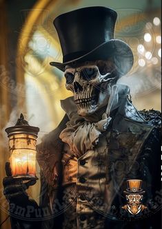 a skeleton wearing a top hat holding a lantern