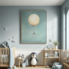 a baby's room with a penguin in the sky and a large painting on the wall