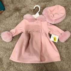 Starting Out Pink Coat With Hat. New With Tags! Playful Fitted Cotton Outerwear, Fitted Cotton Outerwear For Playtime, Cute Fitted Hooded Outerwear, Cute Fitted Winter Outerwear, Cute Fitted Outerwear For Winter, White Peacoat, Winter Pea Coat, Black Peacoat, Toddler Coat