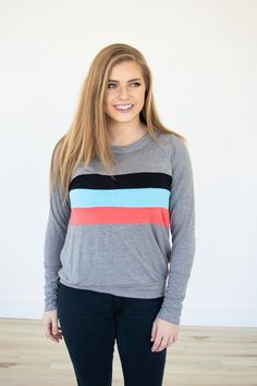 Kori Thumbhole Top – MOB Fashion Boutique Trendy Tops With Thumbholes For Loungewear, Sporty Color Block Top For Fall, Sporty Fall Tops With Color Block, Stretch Athleisure Tops With Color Block, Color Block Stretch Athleisure Top, Athleisure Stretch Color Block Top, Fall Workout Tops With Thumbholes, Casual Color Block Tops For Workout, Casual Gray Tops With Thumbholes