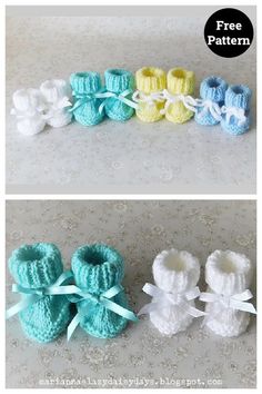 crocheted baby booties with bows are shown in three different colors and sizes