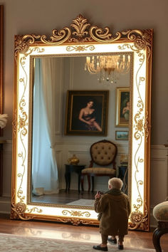 a small child standing in front of a large mirror