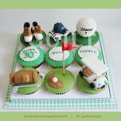 cupcakes decorated to look like golf related items