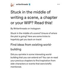 an article about writing in the middle of a page with words on it and below that reads, stuck in the riddle of writing a scene, a character or your wip? read this