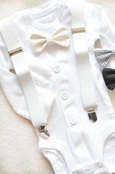 This is a full set cardigan bodysuit with undershirt snap onesie, bowtie and adorable suspenders! Choose the bowtie you would like to have Boy Baptism Party, Boy Onesies, Baby Blessing, Baby Dedication