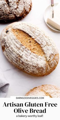 an artisan gluten free olive bread on a white counter top with the title above it