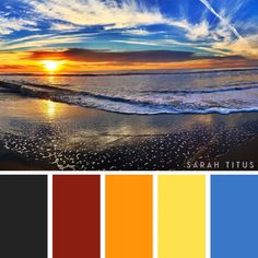 the sun is setting over the ocean and it's colors are orange, yellow, blue