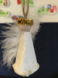 an ornament hanging from a rope with feathers and tinsel on it's tip