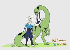 a cartoon character standing next to a dinosaur with a man on it's back