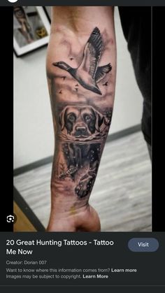 a man's arm with tattoos on it and an image of a bird in the middle