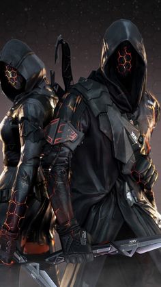 two people dressed in black and red standing next to each other with swords on their backs