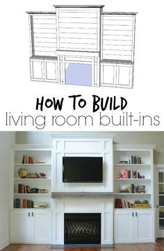 a living room with built in bookshelves and a tv above the fire place