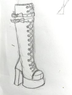 a drawing of a high heeled shoe with laces on the top and bottom