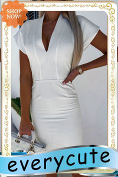 White Short Sleeve Deep V-neck Split Bodycon Dress Dresses Bodycon, Bodycon Dresses, White Short, Women Dresses, Deep V Neck, Deep V, White Shorts, Split, Bodycon Dress