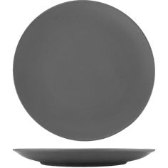 a gray plate with an empty bowl on the bottom and a black plate underneath it