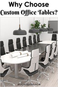 an office table with chairs and papers on it, in front of a white wall that says why choose custom office tables?